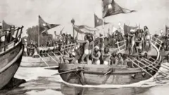 Mahmud of Ghazni attacking the Jats on the Chenab River, Northern India in 1026. Yam?n-ud-Dawla Abul-Q??im Ma?m?d ibn Sebükteg?n, aka Mahmud of Ghazni or Mahm?d-i Z?bul?, 971 – 1030. Prominent ruler of the Ghaznavid Empire. From Hutchinson's History of the Nations, published 1915.