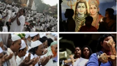 A composite image showing the four major religions in Sri Lanka - Buddhist, Hindu, Muslim and Christian