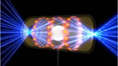 Artwork showing a pellet of hydrogen fuel inside a container called the hohlraum