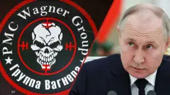 Владимир Путин и логотип ЧВК «Вагнер»