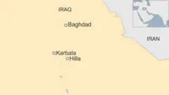 シーア派の聖地カルバラ(Karbala)と自爆攻撃のあったヒッラ(Hilla)の位置