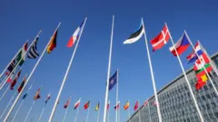 عمود علم فارغ يقف بين أعلام أعضاء الناتو في انتظار مراسم رفع انضمام فنلندا إلى الناتو خارج مقر الناتو