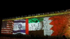 پرچم آمریکا، اسرائیل، امارات و بحرین روی دیوار بخش قدیمی بیت المقدس