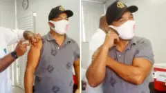 Lindomar de Almeida tomando vacina contra covid