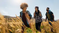Grupo de jovens fazendo trilha na montanha