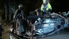 The remains of a Tesla vehicle are seen after it crashed in The Woodlands, Texas