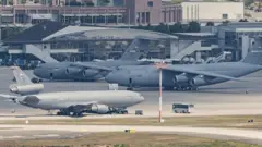 Military planes of the United States Air Force stand on the tarmac of Ramstein air base