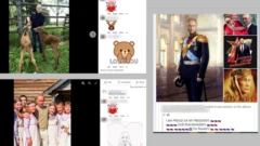 Three screenshots from pro-Putin groups. One shows him feeding a baby deer, one surrounded by young girls in traditional costume and a third in military uniform.