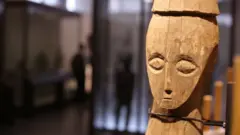 A mask is seen in one of the exhibition rooms of the brand new National museum of the Democratic Republic of Congo in Kinshasa