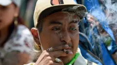 Um homem fuma um baseado durante uma manifestação exigindo a legalização da maconha para uso recreativo, em frente ao Senado na Cidade do México
