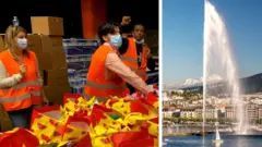 Geneva's famous fountain and a foodbank