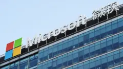 A Microsoft logo is displayed outside Microsoft Research Asia (MSRA), Microsoft's fundamental research arm in the Asia Pacific region and the company's largest research institute outside the United States, at Zhongguancun on May 9, 2019 in Beijing, China.
