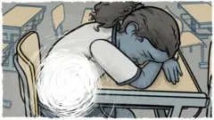 Ilustração mostra uma aluna curvada sobre sua mesa escolar, com um vazio na altura do estômago representando a fome