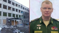 Представитель Минобороны Игорь Конашенков и кадр с места удара по Краматорску
