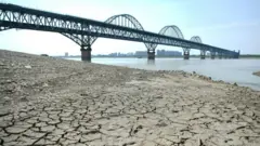 Una sección del lecho de un río reseco a lo largo del río Yangtsé en Jiujiang.