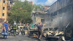 Emergency workers at the scene of the attack in Vinnytsia