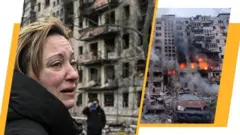 Розбомблені будинки, жінка плаче
