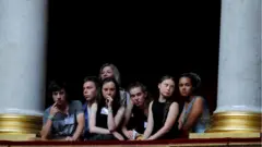Swedish environmental activist Greta Thunberg, Ivy-Fleur Boileau, Virgile Mouquet, Adelaide Charlier and Alicia Arquetoux - French activists from the Youth for Climate movement - attend the questions to the government session at the National Assembly in Paris, France, 23 July 2019.