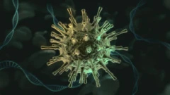 Ilustração de um coronavírus, num fundo com fitas de DNA