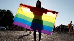 Budapeşte'de LGBT hakları için bayrak taşıyan bir kadın