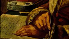 Détail d'un tableau de Voltaire écrivant une lettre