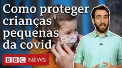 Montagem com repórter e criança de máscara
