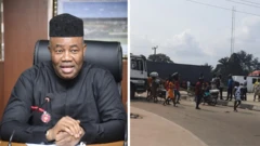 Nigeria Minister of Niger-Delta Affairs Godswill Akpabio and a section of ELeme road wey protersters block