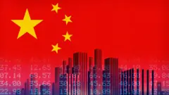 Financial illustration of abstract city and flowing data with national flag.