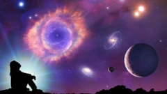 A picture containing a person looking at planets and stars