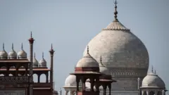 আগ্রায় তাজমহলের মূল গম্বুজ, যার ওপরের চিহ্নটি নিয়ে প্রশ্ন তোলা হচ্ছে