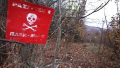A "danger of death" sign is seen at a minefield in a woodland in Sarajevo, Bosnia and Herzegovina on November 20, 2017.