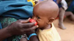 Un enfant réfugié somalien boit de l'eau à partir d'un bouchon de bouteille dans la zone d'enregistrement du camp de réfugiés IFO qui fait partie de l'immense camp de réfugiés de Dadaab le 23 juillet 2011 à Dadaab, au Kenya.