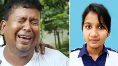 স্বজনের কান্না, ডানে স্কুল ছাত্রী রিশার ছবি।