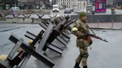 A member of the Territorial Defence Forces guards a checkpoint, as Russia"s invasion of Ukraine continues, at the Independence Square in central Kyiv,