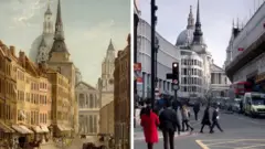 1780 yılında ve günümüzde Ludgate Tepesi ve St Paul Katedrali