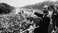 Martin Luther King Jr. (1929-1968) addresses a crowd at the March On Washington D.C, 28th August 1963.