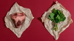 Pedaço de carne ao lado de pedaço de verdura