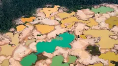 An aerial view over a chemically deforested area of the Amazon jungle caused by illegal mining activities in the river basin of the Madre de Dios region in southeast Peru