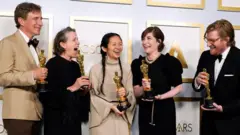 Nomadland producers Peter Spears, Frances McDormand, Chloe Zhao, Mollye Asher and Dan Janvey
