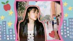 Arden in New York with illustrations of an apple, stars and skyscrapers behind her