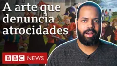 Elderlan Souza com quadro ao fundo, e o texto: A arte que denuncia atrocidades