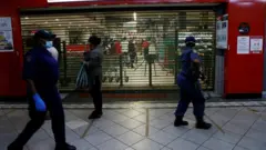 South African Police Service (SAPS) walk past shoppers queuing outside a food store during their operation in Sunnyside, Pretoria on April 7, 2020