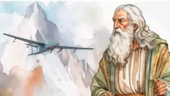 Акварельный рисунок - средневековый старец на фоне гор и беспилотника