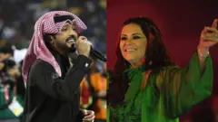 الفنانة الإماراتية أحلام (يمين)، الفنان القطري فهد الكبيسي (يسار)