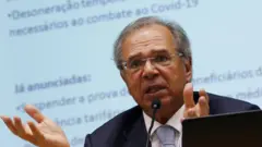 O ministro da Economia, Paulo Guedes, durante entrevista coletiva em Brasília