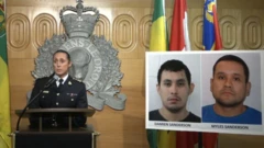Suspects' photos are shown (right) at a briefing by Canadian police