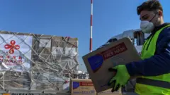 Un employé de l'aéroport, portant un masque de protection, décharge des cartons, à l'aéroport international d'Athènes, le 21 mars 2020