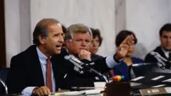 Senators Joseph Biden and Ted Kennedy attend the Clarence Thomas confirmation hearings