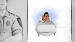 Una ilustración muestra a una mujer sosteniendo a su hija mientras afuera aguarda un agente de seguridad del gobierno de EE.UU.