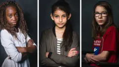 Composite image of three girls with arms crossed